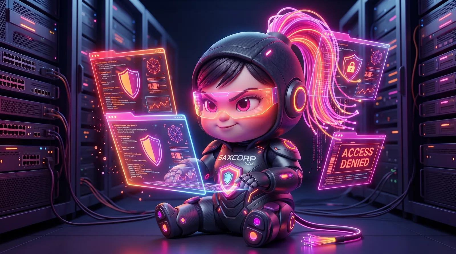 CorySax, the SAXCORP mascot, coding between servers with holographic screens